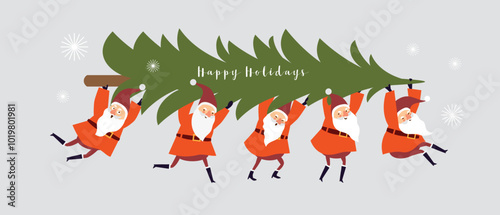 Christmas Card, Seasons greetings , cute Christmas gnomes carrying xmas tree