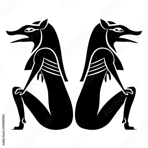 Symmetrical animal design with two seated Ancient Egyptian pharaoh foxes.  Black and white silhouette.