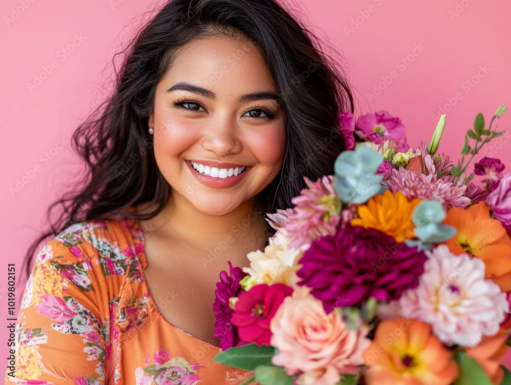 A woman holding a bouquet of flowers, smiling brightly against a pastel pink backdrop. A woman holding a bouquet of flowers, smiling brightly against a pastel pink backdrop.