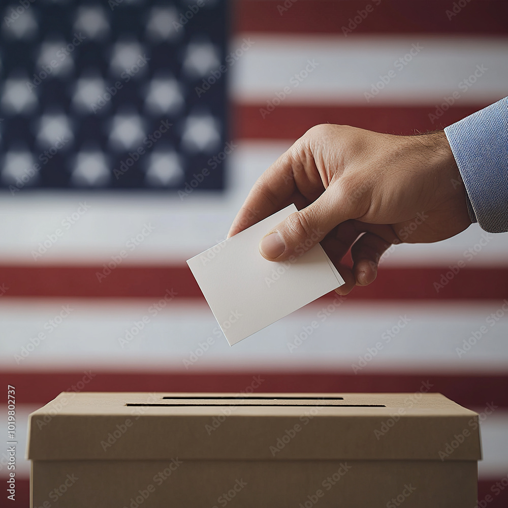 With an American flag in the background, one hand holds a ballot and a ballot box With an American flag in the background, one hand holds a ballot and a ballot box