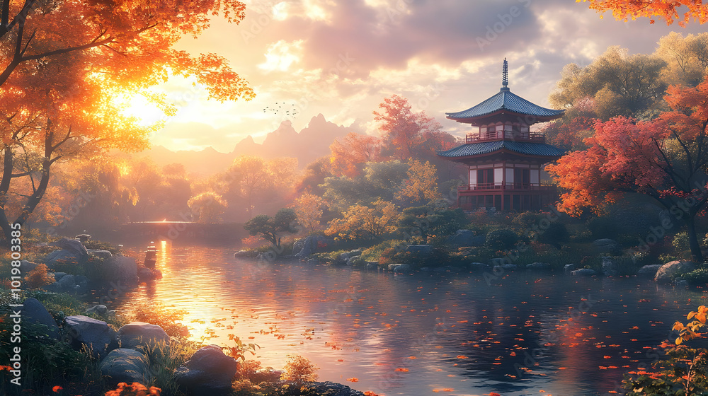 Autumn Pagoda by the River - Digital Painting Autumn Pagoda by the River - Digital Painting