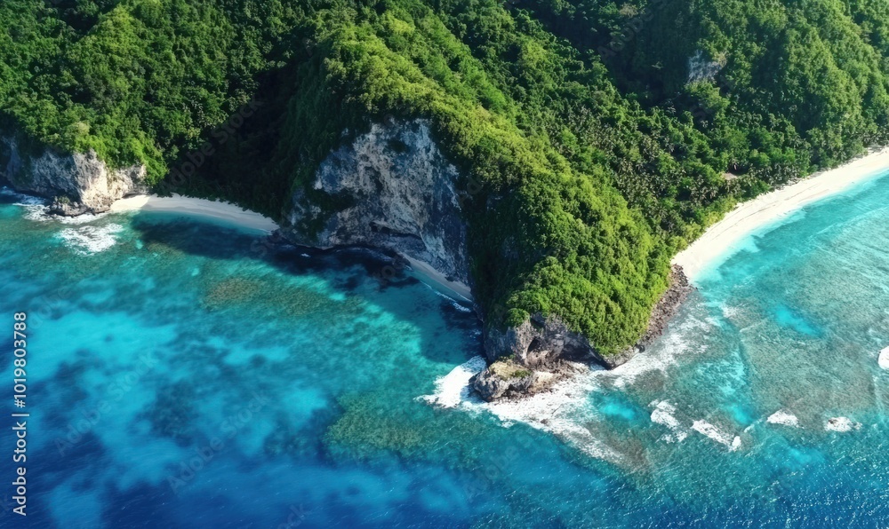 Aerial view of a tropical island with white sand beach, turquoise water, and lush green cliffs. Aerial view of a tropical island with white sand beach, turquoise water, and lush green cliffs.