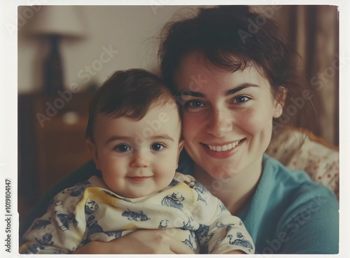 A happy woman in her thirties, holding an adorable baby boy with dark hair and blue eyes wearing pajamas, smiling at the camera