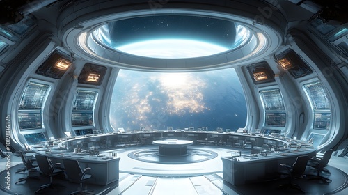 A circular classroom in a futuristic space station, desks arranged in a ring with windows showing outer space, encouraging interstellar academic discussions