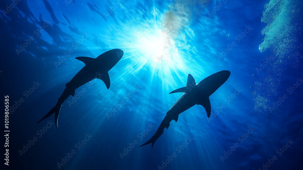 Fototapeta premium Two sharks swimming in the ocean, silhouetted against the bright light from above.