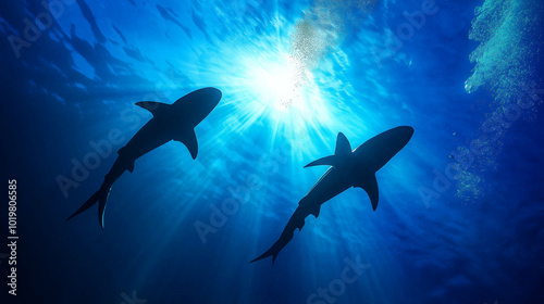 Two sharks swimming in the ocean, silhouetted against the bright light from above.