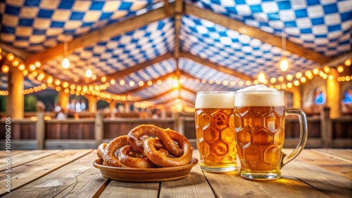 Traditional Oktoberfest celebration with beer and pretzels in beer tent, Oktoberfest, celebration, traditional, beer