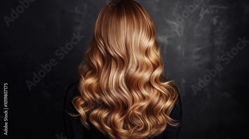 Wavy, shiny auburn hair flowing down the back against a dark textured background.