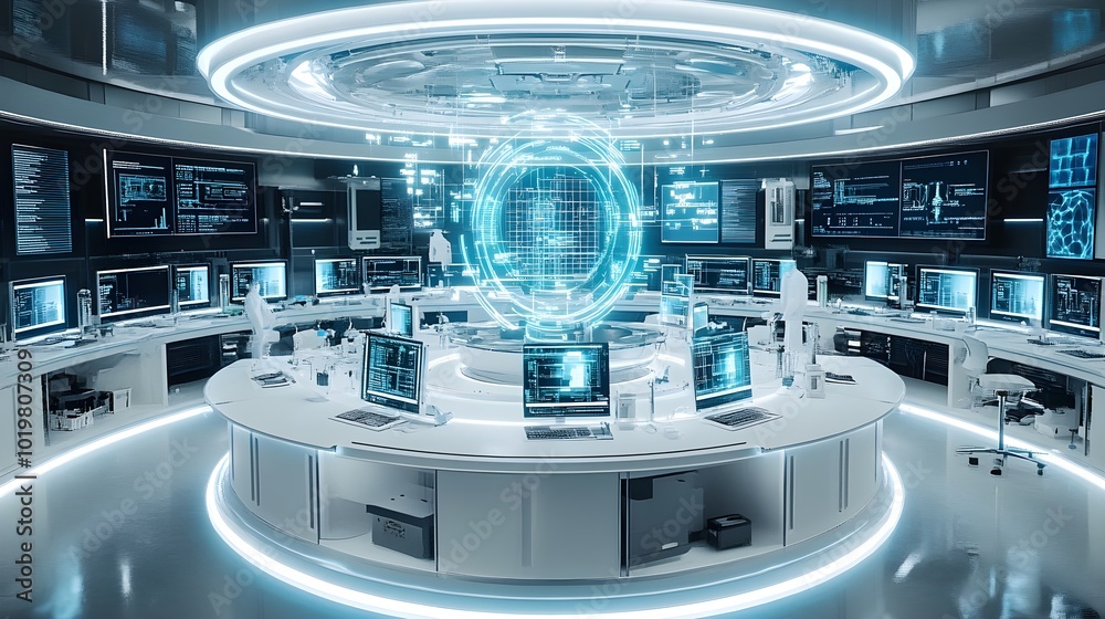 A clean, sterile circular lab with white workstations, each featuring digital touchscreens and AI tools, surrounding a central experiment station with holographic blueprints A clean, sterile circular lab with white workstations, each featuring digital touchscreens and AI tools, surrounding a central experiment station with holographic blueprints