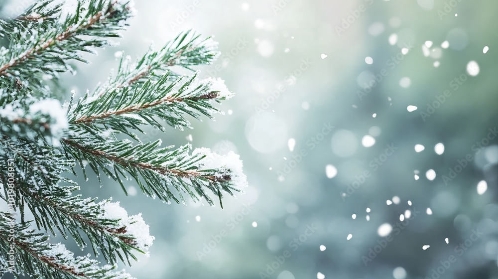 Serene winter wonderland: snowflakes gently falling on pine tree branches with ample copy space, perfect for christmas holiday themes Serene winter wonderland: snowflakes gently falling on pine tree branches with ample copy space, perfect for christmas holiday themes