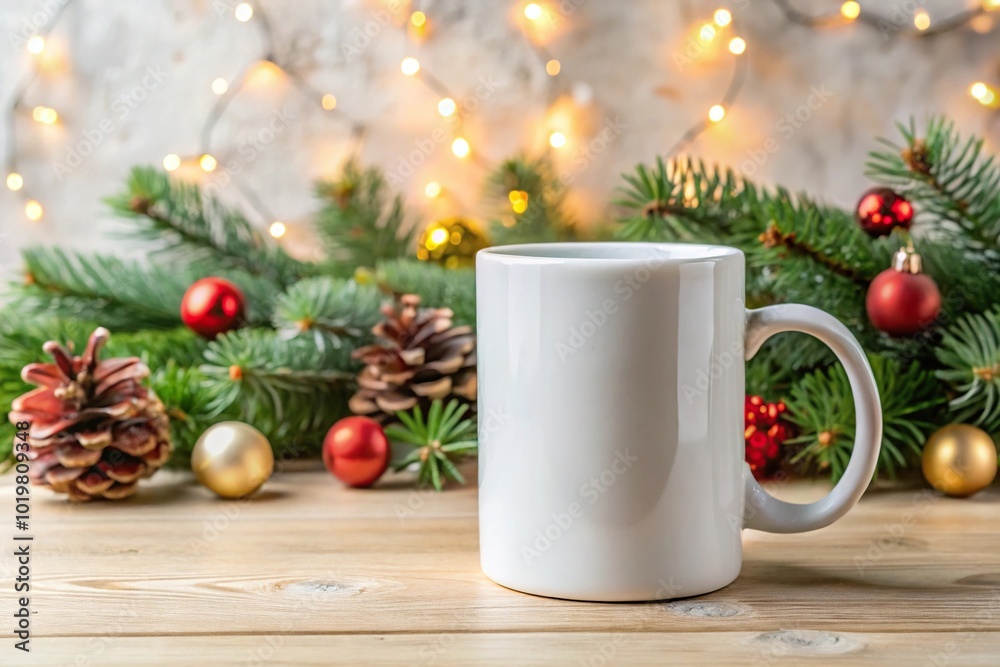Blank white ceramic coffee mug mockup with a Christmas background Blank white ceramic coffee mug mockup with a Christmas background