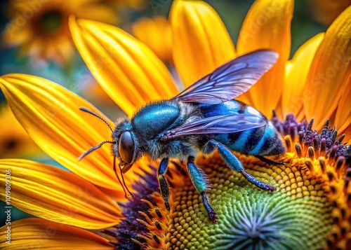 Long Exposure of Groe Blaue Holzbiene Collecting Pollen on Sunflower - Nature's Beauty Captured in Motion photo