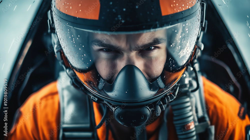 Close-up of a focused fighter pilot wearing a helmet and breathing mask inside the cockpit. Close-up of a focused fighter pilot wearing a helmet and breathing mask inside the cockpit.
