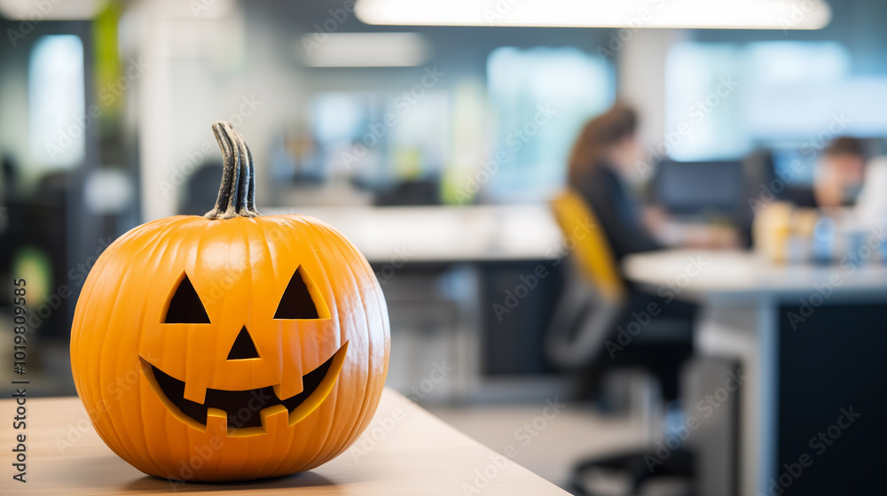 A glowing jack-o'-lantern on a desk in a modern office, celebrating Halloween. A glowing jack-o'-lantern on a desk in a modern office, celebrating Halloween.