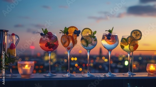 Sunset Cocktails with City Skyline