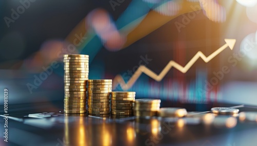 A modern stock market chart background with stacks of coins in front, an arrow pointing upwards, and green candlestick charts going up