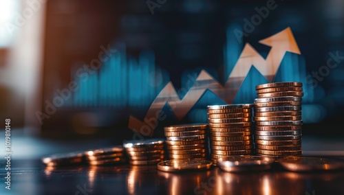 A modern stock market chart background with stacks of coins in front, an arrow pointing upwards, and green candlestick charts going up
