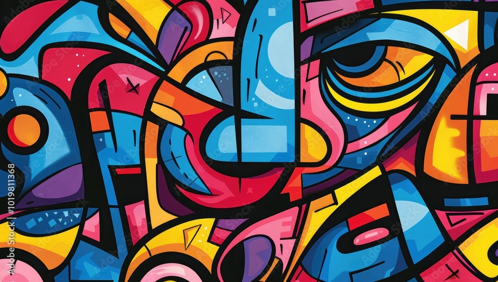 Naklejka premium A vibrant cartoon-style graffiti pattern featuring abstract shapes and characters, with bold colors and dynamic lines creating an energetic atmosphere, focusing on faces.