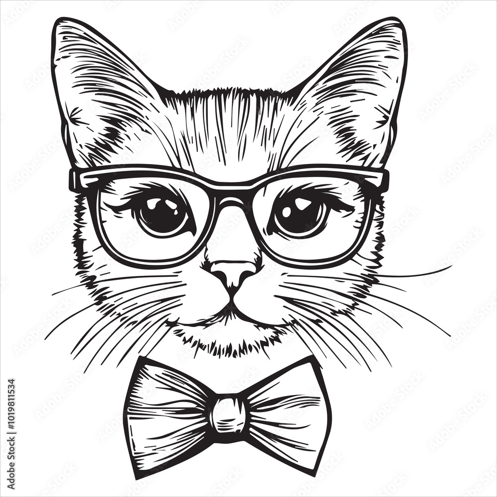 A simple T-shirt design featuring an outline drawing of a cat wearing glasses and a bow tie, in a vector art style.
