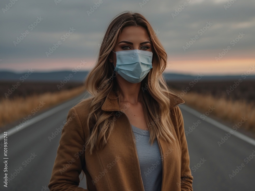 senior women wearing mask standing on road. AI Generative senior women wearing mask standing on road. AI Generative