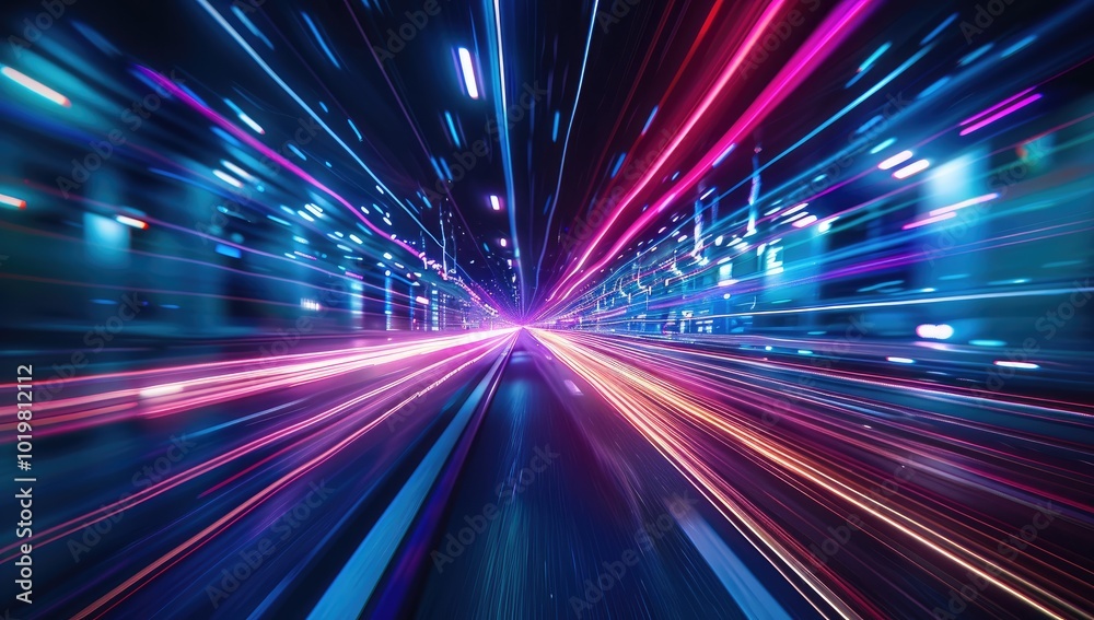 Digital Abstract background with neon light lines on black, glowing speed path in space, night cityscape. Futuristic illuminated road for design and print, dark blue orange red pink purple color Digital Abstract background with neon light lines on black, glowing speed path in space, night cityscape. Futuristic illuminated road for design and print, dark blue orange red pink purple color