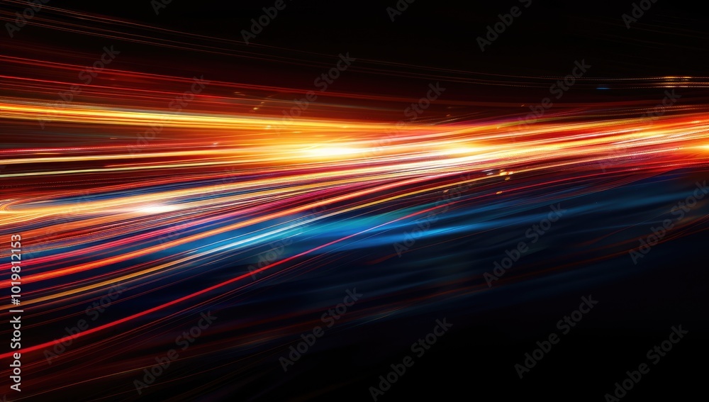 Digital Abstract background with neon light lines on black, glowing speed path in space, night cityscape. Futuristic illuminated road for design and print, dark blue orange red pink purple color Digital Abstract background with neon light lines on black, glowing speed path in space, night cityscape. Futuristic illuminated road for design and print, dark blue orange red pink purple color