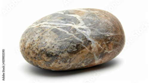 Rock with white and brown pattern, resting on sandy beach with blue ocean in background, under clear blue sky.