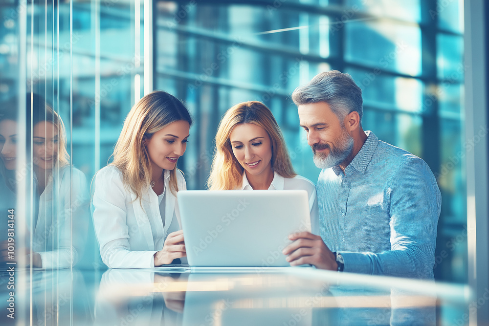 A business team collaborating on a project using a laptop, symbolizing teamwork, strategy, and innovation.