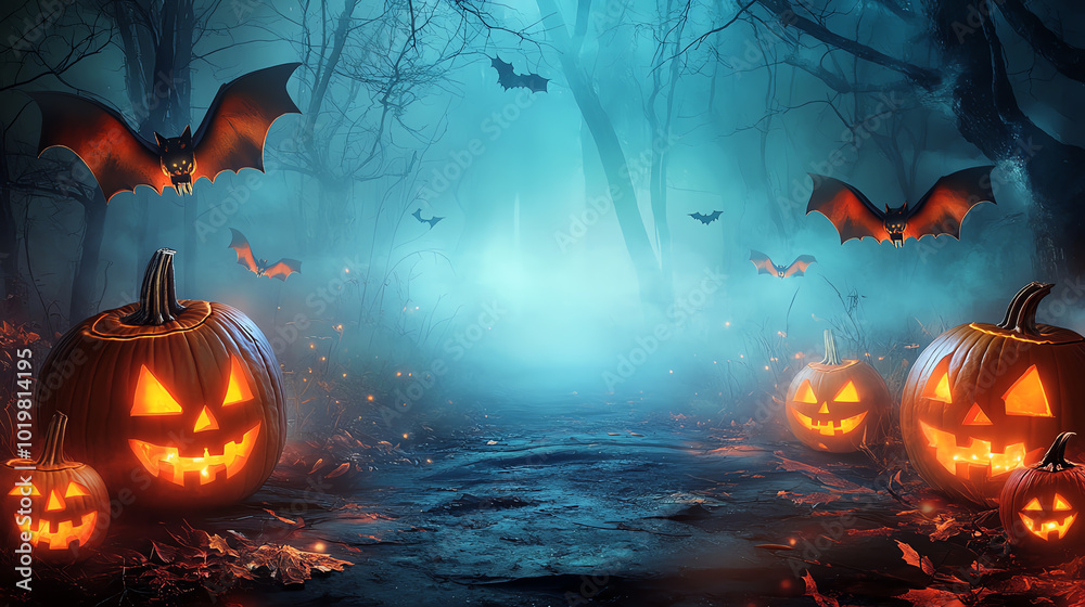 A spooky Halloween scene with glowing jack-o-lanterns and bats flying in a misty forest. A spooky Halloween scene with glowing jack-o-lanterns and bats flying in a misty forest.