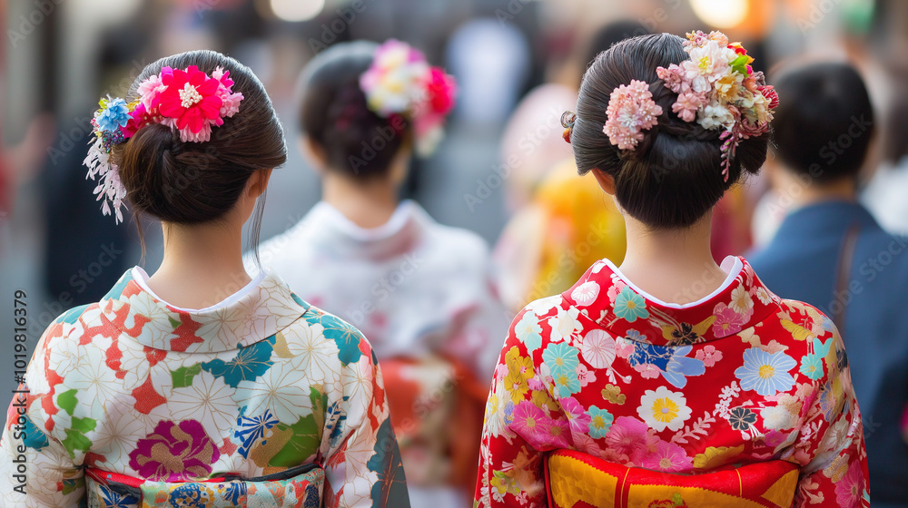 Three women in colorful traditional kimonos, viewed from behind, walking down a street.