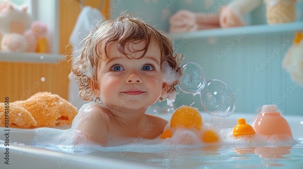 Baby enjoying a playful bath with bubbles and colorful toys. Baby enjoying a playful bath with bubbles and colorful toys.