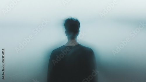 Motion blur silhouette of a man walking away from the camera, head turned towards us blurred and foggy, soft white background photo