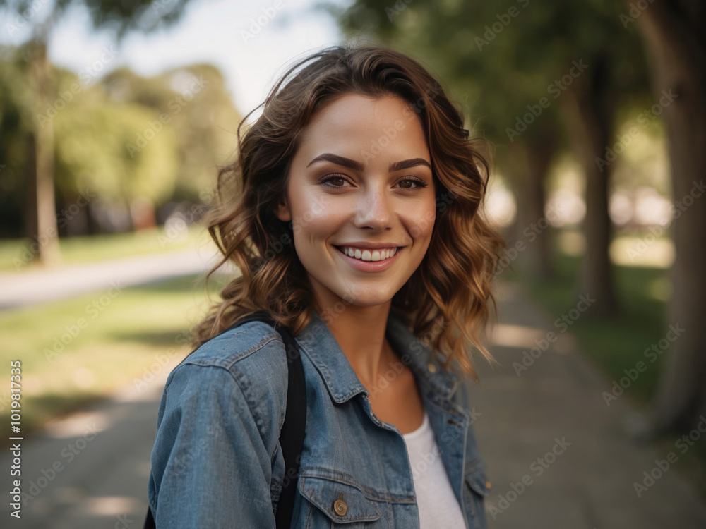 beautiful women smiling and using mobile outdoor.AI Generative