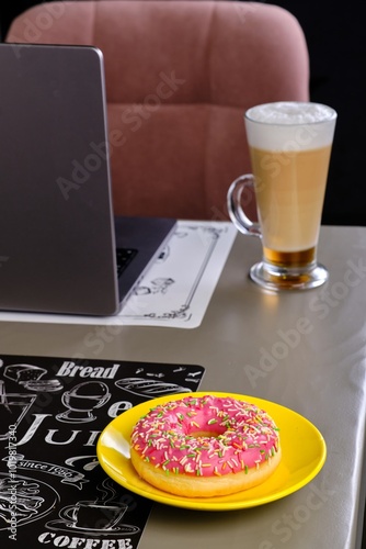 Cappuccino, Pink Donut, and Laptop