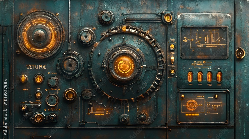 Smart home control panel with icons for lighting, security, temperature, steampunk design, rustic colors, intricate metallic gears, digital illustration Smart home control panel with icons for lighting, security, temperature, steampunk design, rustic colors, intricate metallic gears, digital illustration