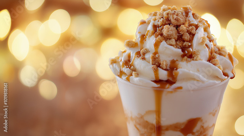 Close-up of a caramel sundae topped with crushed nuts and drizzled with caramel sauce.