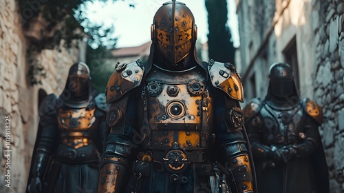 Steampunk knights wearing mechanical armor, gears turning as they stand in a stone courtyard at sunrise, Steam punk, Vintage, Copper hues