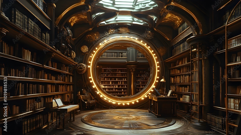Fototapeta premium Steampunk library with mechanical shelves, circular arrangement, antique gears, brass details, sepia tones, vintage illustration, intricate machinery, cozy ambiance