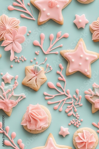 Decorative cookies with pink icing on a pastel blue background.,Seamless pattern