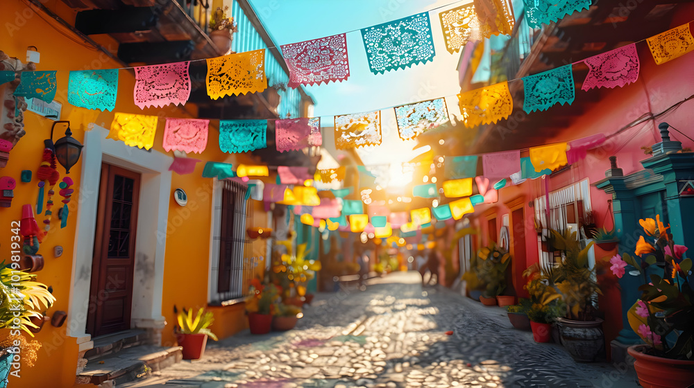 Obraz premium Colorful Paper Lanterns Hanging Above a Cobblestone Street - Illustration