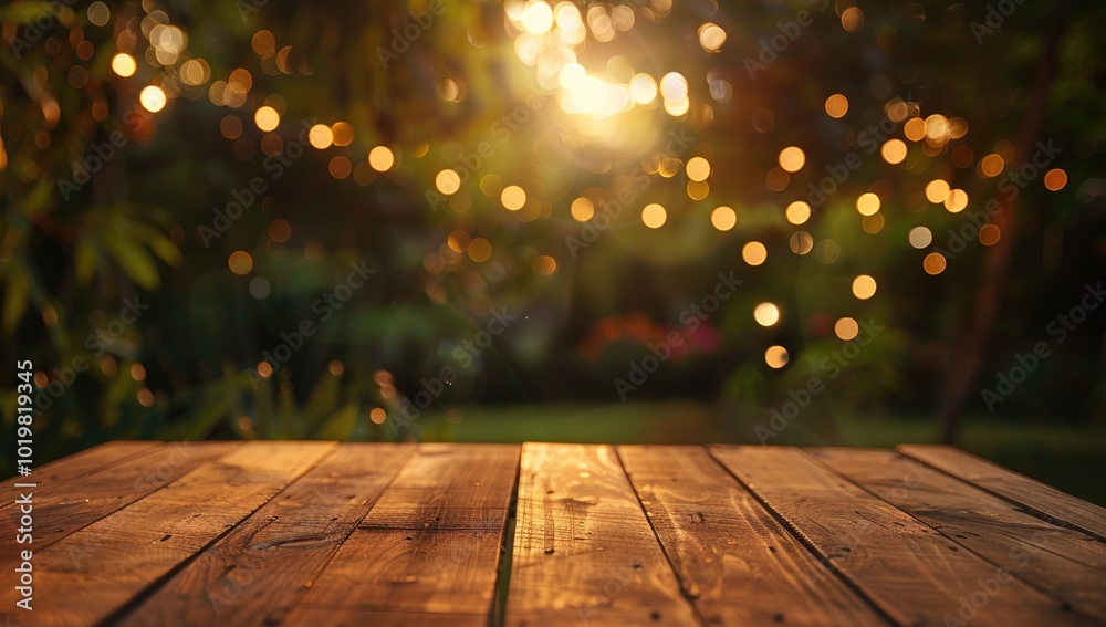 Empty wooden table top with a blurred background of a garden and string lights for product display, bokeh, flare light effect, wide angle shot, professional color grading, soft shadows
