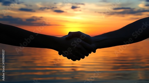 A handshake in front of a sunset, symbolizing the promise of a new beginning, sunset handshake, new promise