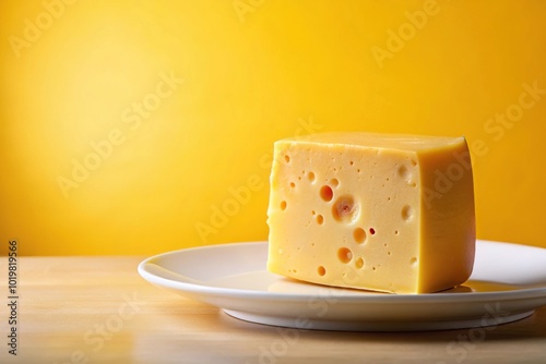 Block of cheese on white plate on monotonous yellow background