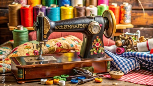 Vintage sewing machine surrounded by sewing supplies including spools of thread, scissors, and a thimble