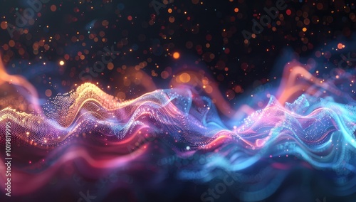 A digital artwork of colorful sound waves on a black background, representing the concept of audio waves in music production and rendering. Virtual energy wave backdrop