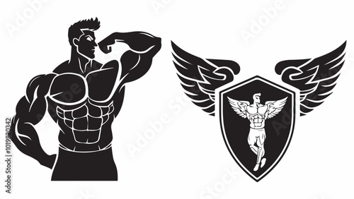 Set of simple logo of a bodybuilder man lifting his muscles showing his muscles white background.