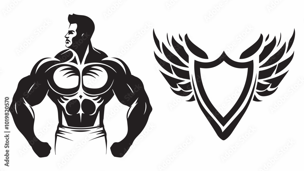 Set of simple logo of a bodybuilder man lifting his muscles showing his muscles white background. Set of simple logo of a bodybuilder man lifting his muscles showing his muscles white background.