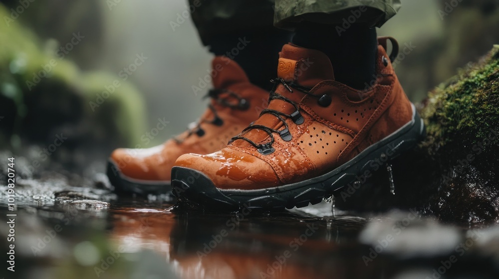 Brown Leather Hiking Boots Stepping in a Creek Brown Leather Hiking Boots Stepping in a Creek