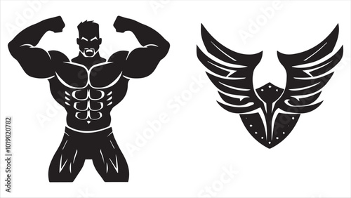 Set of simple logo of a bodybuilder man lifting his muscles showing his muscles white background.