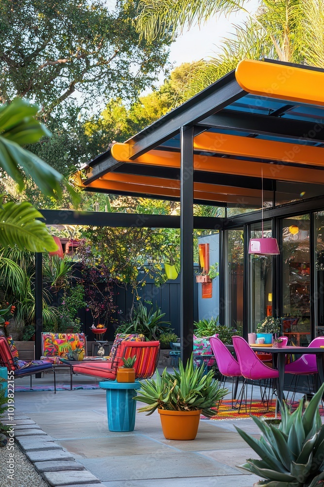 Colorful aluminum pergola on a retro patio with vintage furniture and lively succulents.